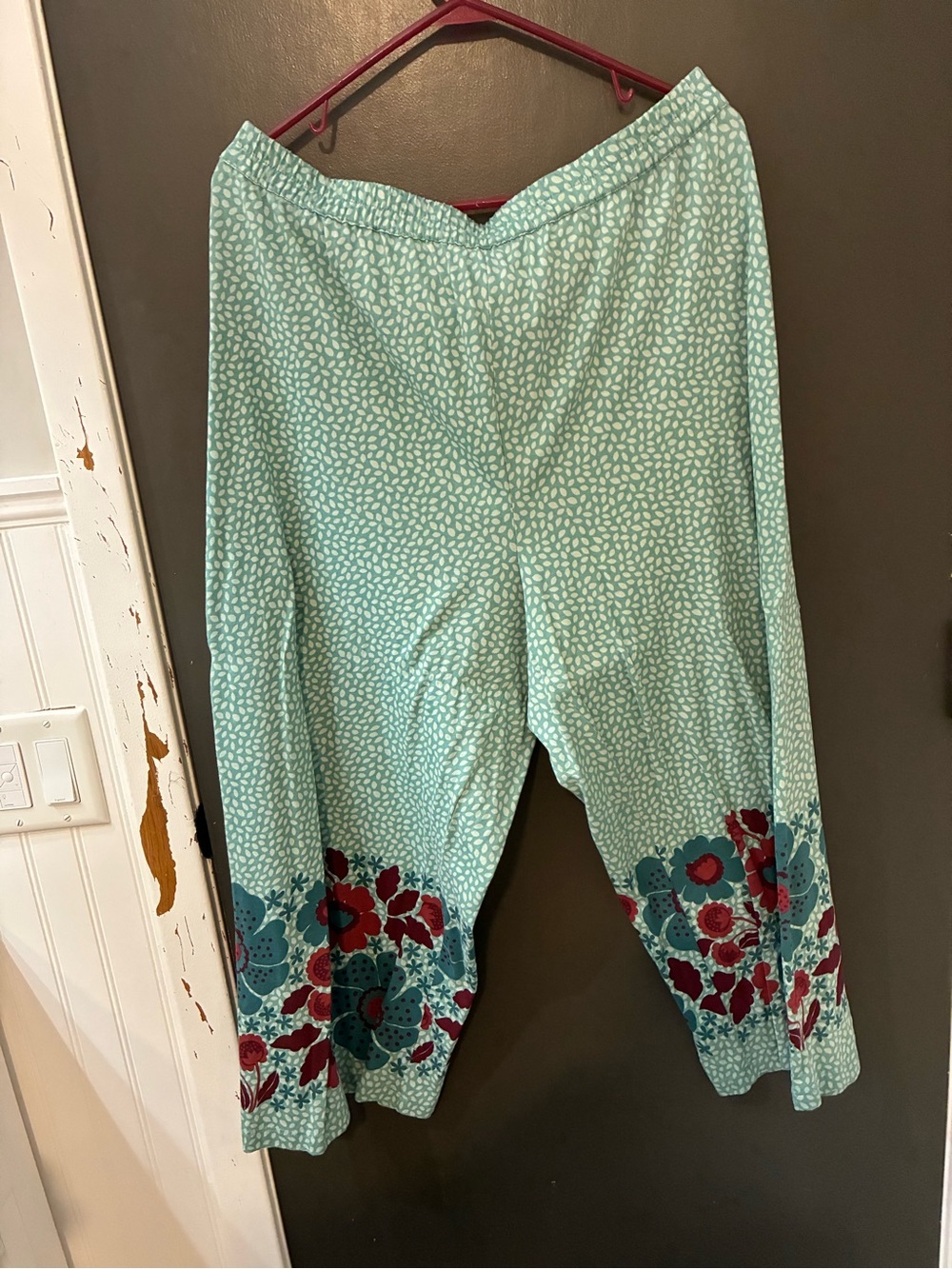 Gudrun Sjoden Aqua, Wine, Red, Plum Cropped Floral Trim Pull-On Cotton Pants